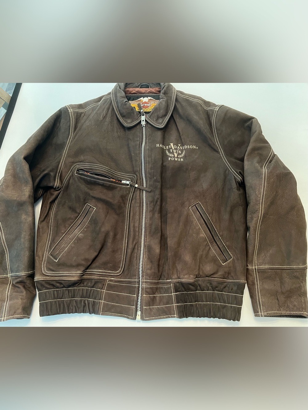Harley-Davidson Twin V Power Billings Distressed Brown Leather Jacket L